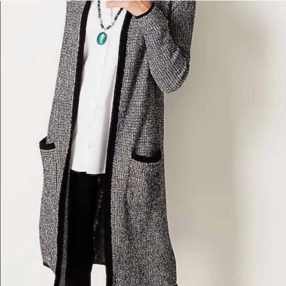 J.JILL Wearever Collection Black Knit Textured Tweed Long Duster Cardigan Sz M